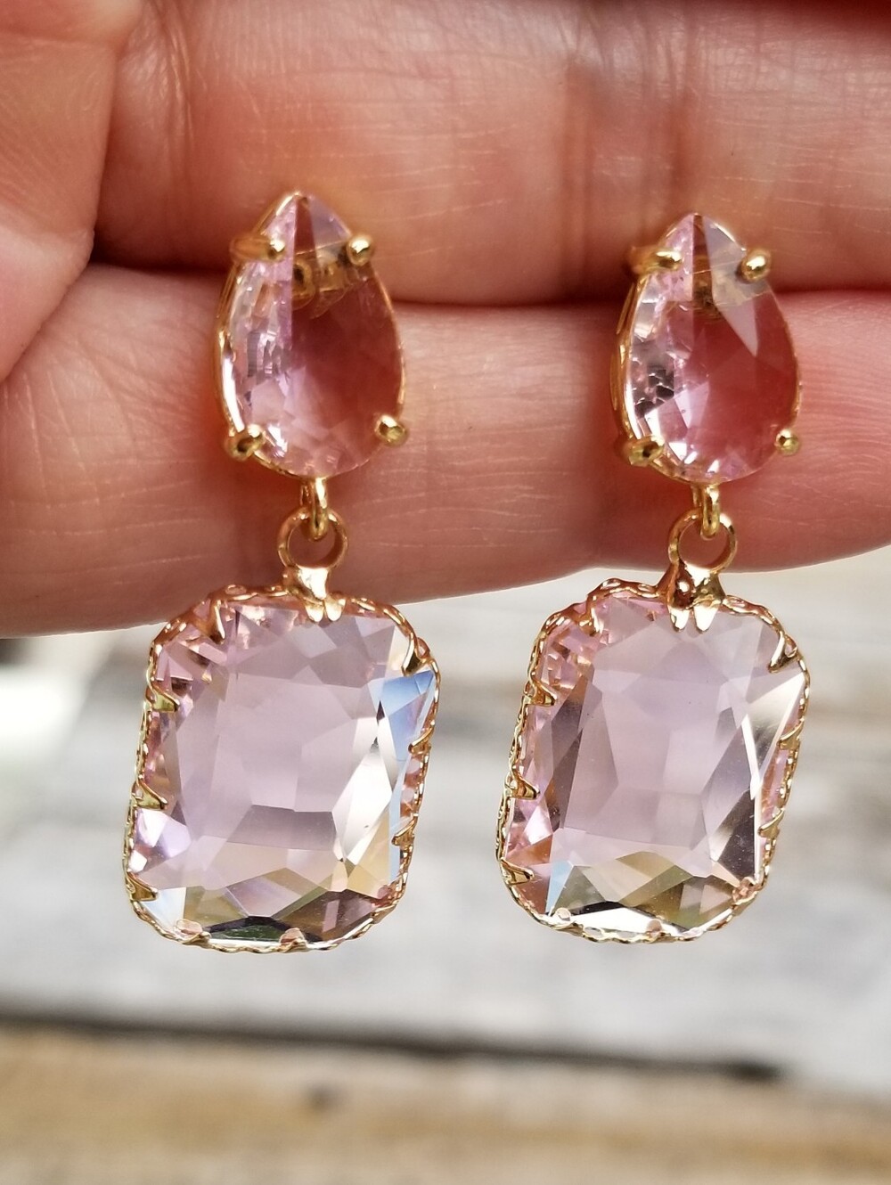 14k Gold Pink Tourmaline Stud Earrings, Rectangular Tourmaline Dangle Earrings